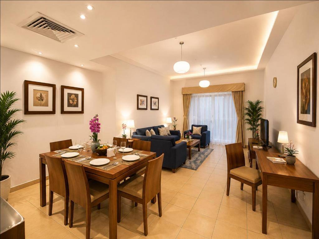 Tulip Hotel Apartments apartment living and dining area in Mankhool, Dubai